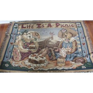 Boyds Bears and Friends  Fringed Tapestry Throw " Life is a Picnic "  68”x52”